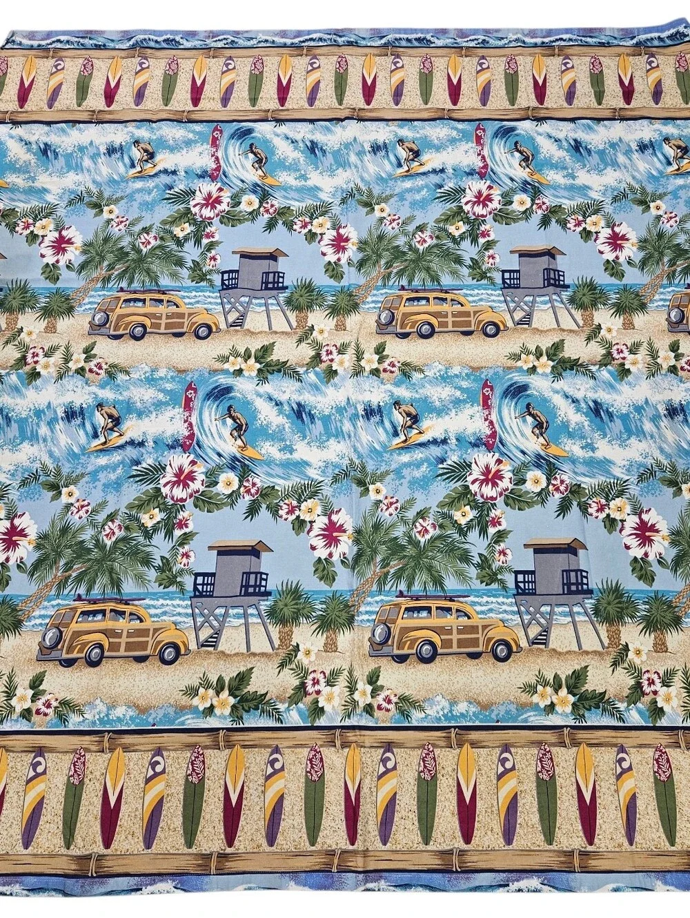 VTG Vohann Surfboard Hawaiian Floral Beach Sand Cars Cotton Shower Curtain 65X72